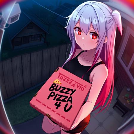 1girl, 18 y.o. girl, holding pizza box, cheese cut like a buzz, text on box 'Buzzy Pizza 4 U', anime, security camera view, night, looking up at camera, only black clothing, tight top, tight shorts, red glowing eyes, long white and red hair, backyard, TV interferences, close up