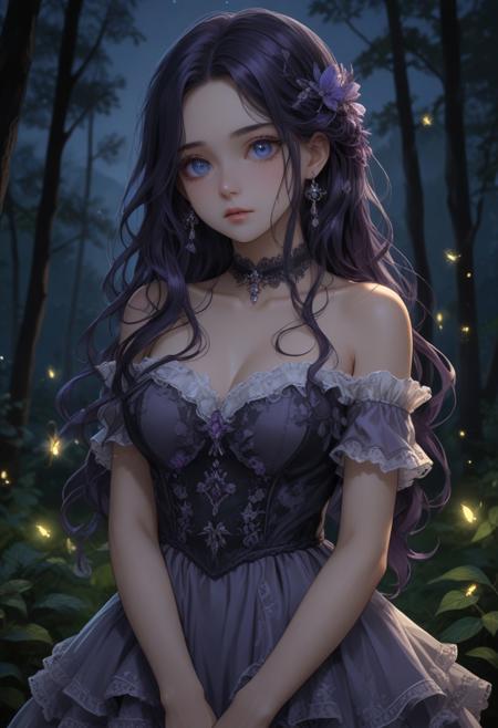 1 girl, extremely long hair, dark blue eyes, dark purple hair with white highlights, 3/4 pose, looking at viewer, somber expression, forest and mountains in background, very dark background, fireflies in the background, illuminated fireflies, simple earrings, grey frilly dress, off shoulder, middle parting hair, sexy, adult, choker, breast almost spilling out, almost can see nipples