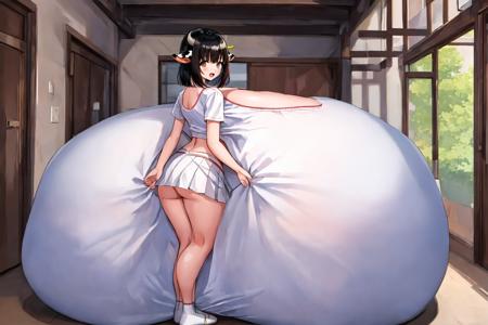 cow maiden \(maoyuu\), gigantic breasts, hyperbreasts, 1girl, (ass), indoors, (white skirt), solo, cow ears, cow girl, black hair, cow horns, thick thighs, cow tail, bob cut, looking at viewer, open mouth, looking back, shirt, miniskirt, pleated skirt, (night), window, no panties, brown eyes, white shirt, from behind, (skirt lift), crop top, midriff, :d, <lora:CowMaiden2:0.6>, <lora:hyperfusion_213k_32dim-LoCon-epoc6-v5:1>