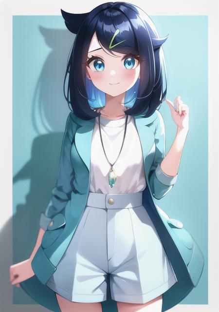 <lora:liko:0.6>, liko, 1girl, solo, looking at viewer, blush, smile, bangs, blue eyes, shirt, hair ornament, jewelry, closed mouth, blue hair, jacket, white shirt, open clothes, shorts, hairclip, hand up, medium hair, necklace, open jacket, eyelashes, blue background, border, blue jacket, white border, blue shorts