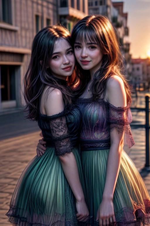 (masterpiece:1.2), (best quality,:1.2), 8k, HDR, ultra detailed, ((photorealistic)), cinematic lighting, high depth-of-field, sharp focus,
2girls hugging, happy smile,
colourful translucent dress,
slim face, perfect face, perfect hands, eye contact, realistic face, realistic eyes,
detailed background venice at sunset, sharp backgroud focus,