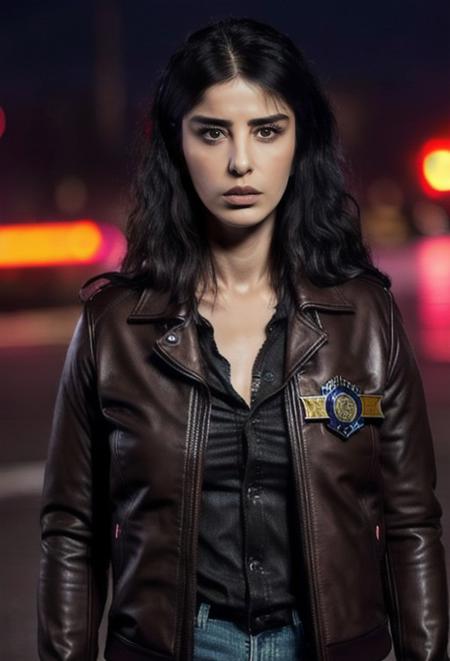 (realistic RAW portrait),
of ozge_gurel as a (police:1.3) with short dark brown hair,in cyberpunk city at night. She is wearing a leather jacket,black jeans,dramatic lighting,(police badge:1.3),
<lora:ozge_gurel-000008:0.8>,