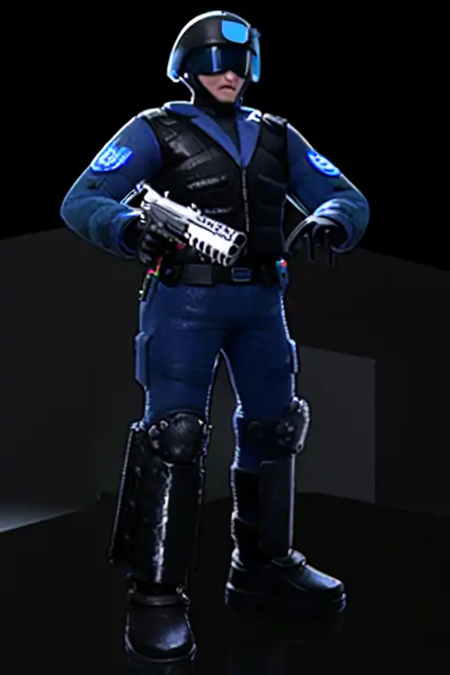 GUN Soldier, ballistic combat helmet, black visor, black military uniform, holding gun
