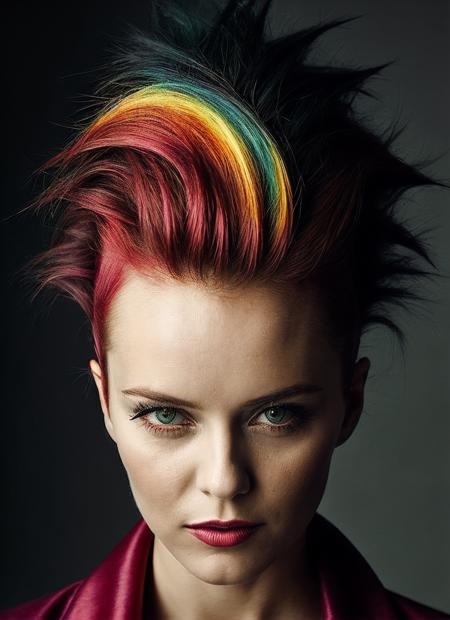 portrait of sks woman by Flora Borsi, style by Flora Borsi, bold, bright colours, rainbow Mohawk haircut, ((Flora Borsi)), <lora:locon_vanessaparadis_v1_from_v1_64_32:1>