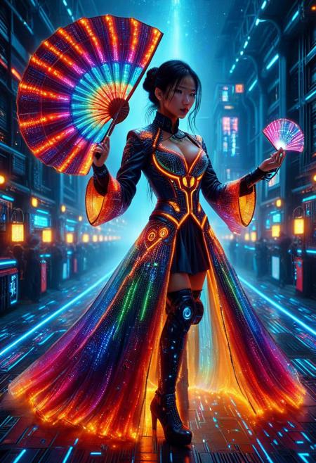An ethereal photo of a Asian cyberpunk fashion model wearing a stylish colorful LED lights style, Cyberpunk longsleeve intricately detailed gown made out of binary code, swirling colorful LED lights in the sky and holographic stars, Futuristic hand fan, masterpiece, best quality, very aesthetic, 4k, highly detailed, sharp focus, dynamic lighting, flux-style, made of golden, blue, red, yellow and purple colorful LED lights
[LED] [colorful LED lights] {flux style] [lazypos] [q2wz2]