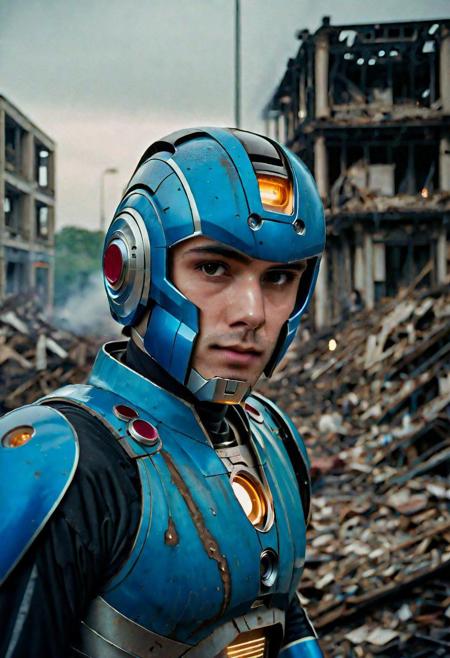Portrait Photo of a megaman who is standing looking at how his city has been destroyed by a nuclear bomb. He has just arrived at the disaster and observes the horror of the destruction, ruined buildings full of smoke and flames, ground full of rubble with skeletons lying around In the dawn light floods the scene, the man is completely dressed in normal clothes and wet, he is dirty, everything is a disaster, the sky is cloudy and it is raining,(beautiful face:1.6), Fujifilm XT3,film still,film grain,cinematic,soldier accessories,war style, professional photo,best quality and best aesthetic,Award-winning artistic photos,Outdoors,public places,( detailed in background:1.6)Perfil,18-20 (dirty:1.8)