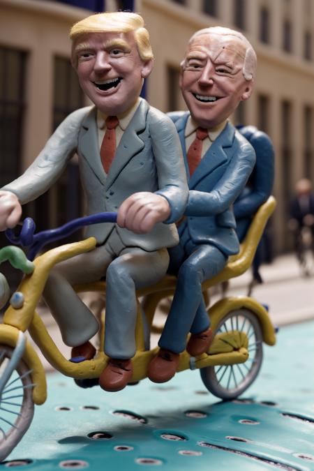 clayanim, close-up of donald trump and (Joe Biden) in suit, laughing on a tandem bycicle, in a city street, (fingerprints:1.2),  DOF, sharp focus, <lora:ClayAnim:1>