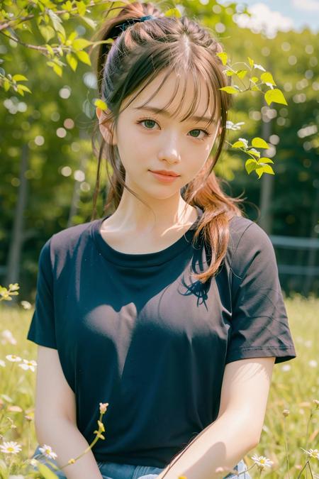 (4k, best quality), (realistic, photo-realistic),(vgirl),
1girl, solo,upper body,  (facing viewer),close-up,
ponytail,long hair,
perfect hands,(looking_at_viewer),(smile),
shirt,
nature, on_grass,flower_field,forest, <lora:vgirl_v11:0.7>