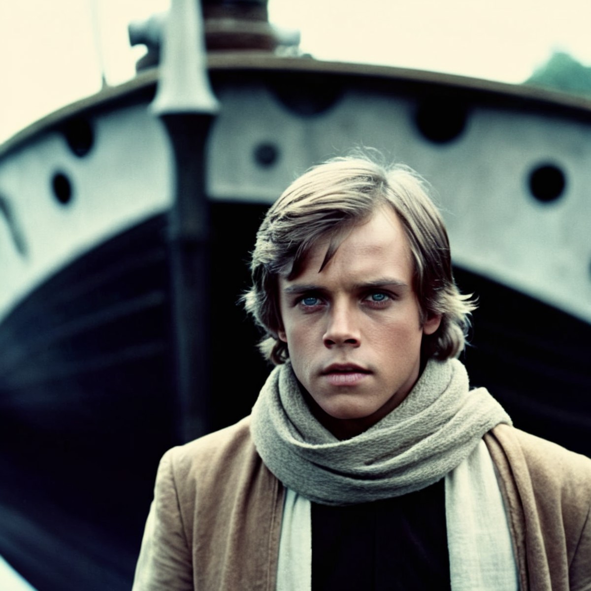 cinematic film still of  <lora:Luke Skywalker:1.2>
Luke Skywalker a young man with a scarf on standing in front of a boat ...