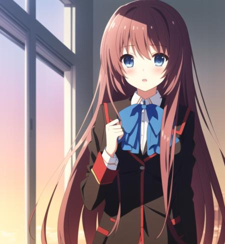 ((masterpiece)),(((best quality))), ((ultra-detailed)), ((illustration)), masterpiece, best quality, highres, {beautiful detailed eyes}, finely detail, 4k wallpaper, beautiful detailed eyes, 
(solo), 1girl, blue eyes, (endlessly growing absurdly long brown hair:1.1), (wearing school uniform, brown jacket, pink neck bow), (standing in a classroom:1.0), sunshine through windows, (shy and blush:1.0), 
<lora:a_chan-06:0.65>