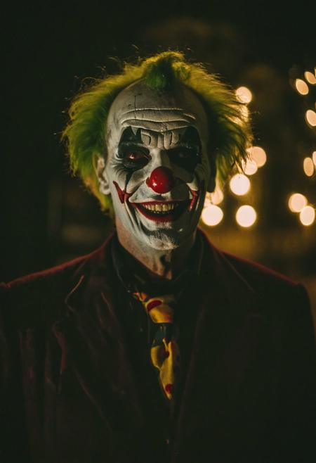 dark photo a clown smiling wickedly, horror, 35mm cinematic, atmospheric lighting, bokeh,