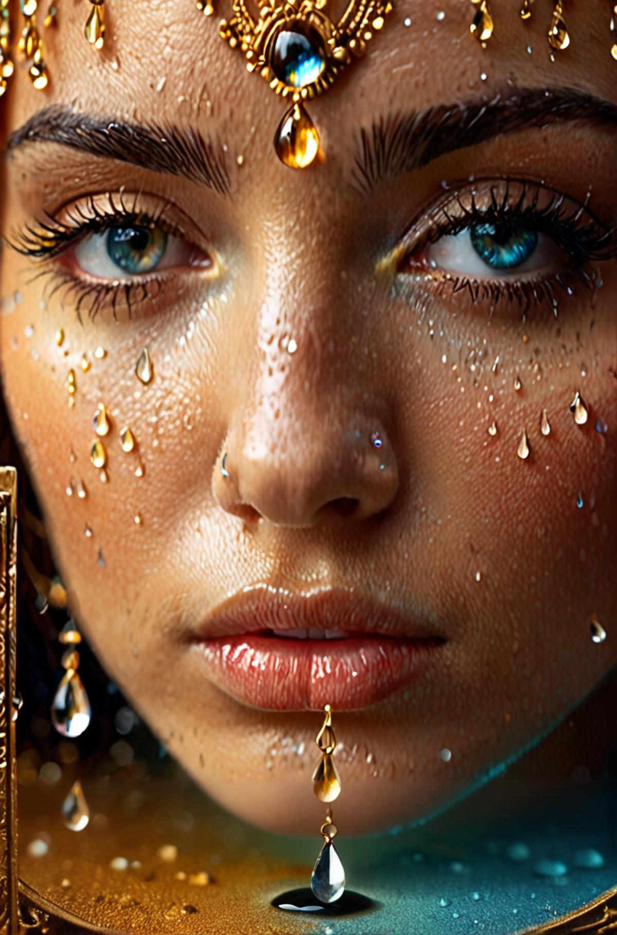 A young woman with blue eyes and a nose piercing has water droplets on her face.