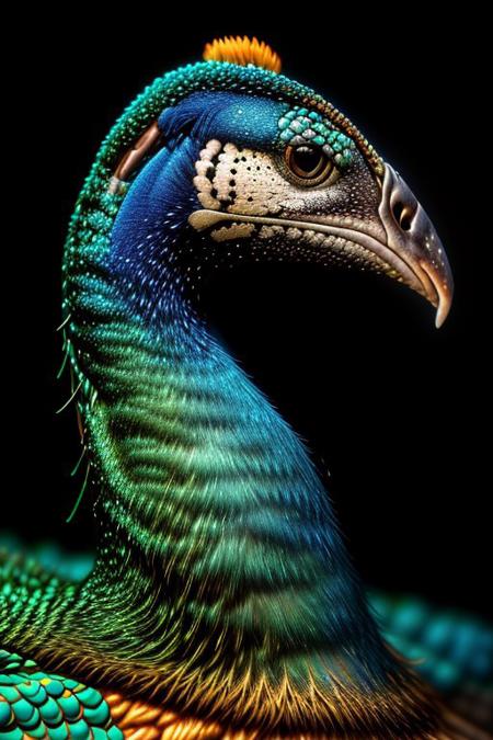 Create a photorealistic close up image of a peacock, feathers, vibrant colors and dark background, highly detailed, aesthetic, great lighting, extremely detailed,  award winning, perfect composition, a rich and complex image of nature, a vibrant tissue of hues and textures captured digitally, best quality, realistic, captivating, intricately detailed, hyper detailed, maximalist style, photorealist, sharp focus, dynamic lighting, superb composition, finest details, highest aesthetics, best quality, sharp focus, high contrast, stylized, clear, colorful, ultra quality, 8k, best quality, masterpiece,midjourneyv6.1, close up,
