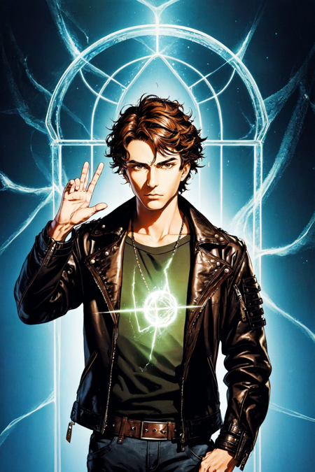 FantasyBookCover Style, solo, brown hair, black hair, 1boy, jacket, male focus, leather jacket, broken glass, magic, fantasy <lora:Fantasy_Book_Style:0.6>