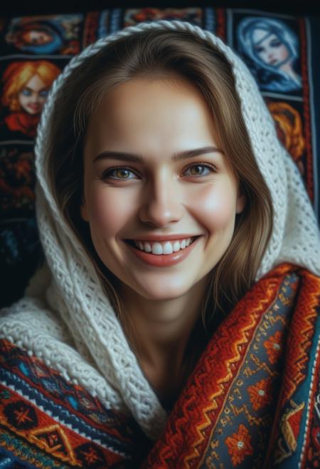 cross stitch on the blanket. a portrait of a gorgeous  a Russian woman . she smiles. . the contradictory combination of colors emphasizes the beauty of the face. impossible clothes complement the image in the portrait. dramatic lighting, gaze, savage manners, fantastic realism, dynamic composition, mythical creature of beauty and energy, creative transformation, epic adventure, thrilling narrative, otherworldly charm