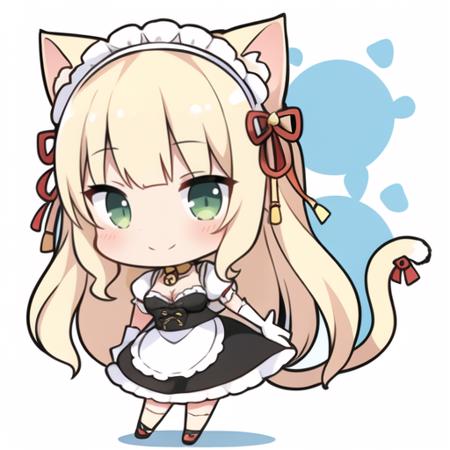 1girl, solo, long hair, bell, animal ears, green eyes, blonde hair, cat ears, gloves, maid headdress, tail, maid, apron, jingle bell, short sleeves, full body, breasts, name tag, puffy sleeves, very long hair, looking at viewer, cat tail, puffy short sleeves, slit pupils, bow, waist apron, high heels, cleavage cutout, cleavage, blush, clothing cutout, frills, smile, standing, curly hair, neck bell, waitress, white gloves, ribbon-trimmed clothes, ribbon trim