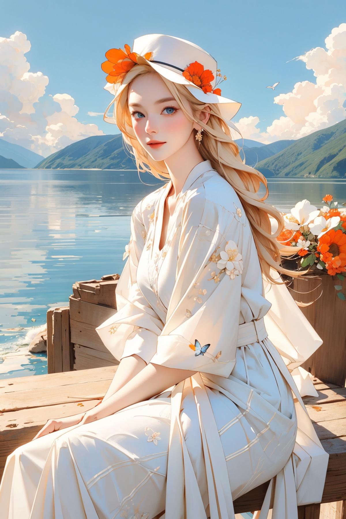 A beautiful woman wearing a white dress with a butterfly design, sitting on a wooden dock near a lake.