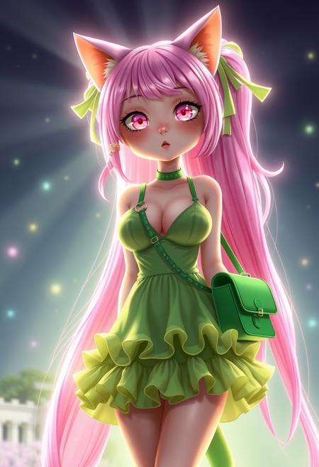 Realistic anime. 3d Pixar , Cat girl with neon pink hair that reaches the floor, sparkling pale pink eyes, voluptious, big boobs, wearing a short, slutty, green sundress with a ridiculous amount of frilly ruffles on the hem, cleavage, cute face, ribbons in hair, green Mary Jane shoes, green cross body purse,  glow, god rays, ethereal, dreamy, heavenly, otherworldly, dream-like, breathtaking, captivating, divine, Bioluminescent, realistic 3d, hd 4k 8k high definition best quality