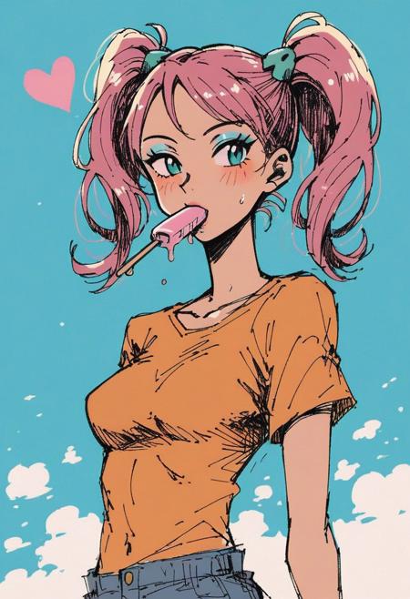 score_9, score_8_up, score_7_up, masterpiece, best quality, BREAK 1girl, skinny, natural small breasts, blue eyes, pink candy hair, two pigtails with a wavy green elastic band, makeup, green eye shadow, black long eyes arrows, blush, yellow short t-shirt with pattern of hearts, blue manicure with pink hearts, BREAK sucking popsicle, popsicle in mouth,  BREAK medium shot, blue background