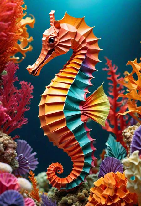 An exquisitely detailed portrait of a funny seahorse in laughter, loud laughter with Open mouth, in
a mandelbulb coral reef, meticulously crafted from origami-style folded origami paper. The delicate folds of the paper create a lifelike representation of the complex and mesmerizing mandelbulb shape. The background showcases an array of vibrant colors, reflecting the richness of the underwater world. The 64-megapixel soft focus adds depth and dimension to the delicate, intricate details of the papercraft, making it a truly awe-inspiring work of art.