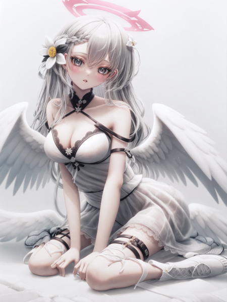 1girl, white theme, solo, breasts, wings, white dress, grey hair, dress, sitting, halo, white background, long hair, grey eyes, cleavage, bangs, simple background, hair between eyes, angel wings, looking at viewer, flower, wariza, white wings, medium breasts, parted lips, angel, hair ornament, feathered wings, white flower, bare shoulders, white footwear, blush, thigh strap, hair flower, braid, hand between legs, between legs, back lighting,  <lyco:Yubari-000019:1.0>