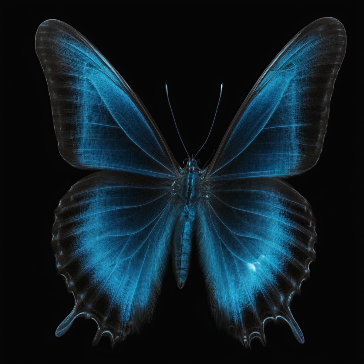 cinematic film still of  <lora:x-ray style:1> X-ray of
a butterfly with a blue wing on a black background,x-ray style, sha...