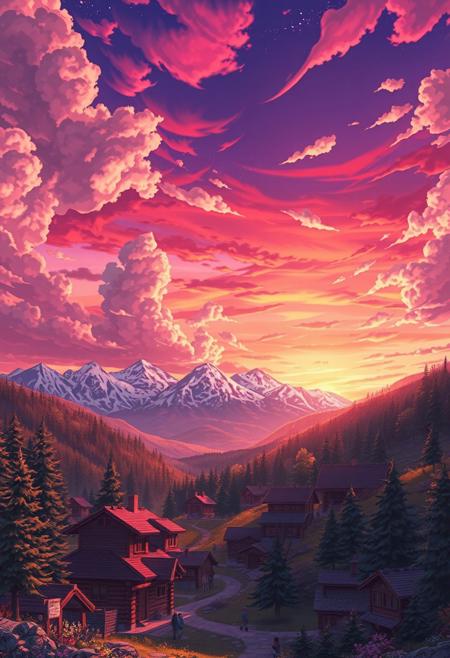 A stunning anime-style landscape unfolds, featuring a picturesque village nestled in a tranquil valley under a breathtaking sunset sky. The sky is a vibrant tapestry of pink, orange, and deep purple, with fluffy, whimsical clouds illuminated by the radiant hues, creating an ethereal glow. 
Majestic mountains rise dramatically in the distance, their snow-capped peaks shimmering like precious gems in the fading light, casting a magnificent silhouette against the colorful sky. The village, adorned with quaint wooden log houses, is surrounded by lush green trees and a mystical forest that whispers the secrets of nature.
Winding paths meander between the homes, inviting friendly villagers engaged in joyful activities, while the enchanting landscape radiates warmth and nostalgia. Capture this idyllic scene from a distance, emphasizing the awe-inspiring beauty and serene charm of this magical setting.