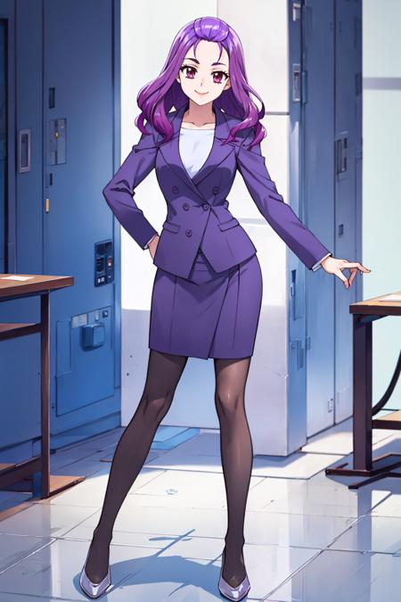 kurumi_otona purple skirt suit, purple jacket, white shirt, purple skirt, black pantyhose, high heels blue dress, boots