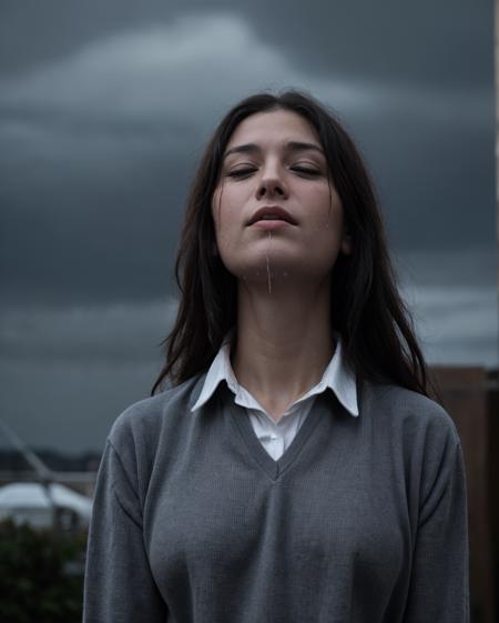 ultra hd, detailed blurry rain background, ((in the rain, rainy night, black light, wet, look up)), eyes closed, dark cinematic, long dark hair, excellent proportion, school uniform, urban, school wool sweater vest, bow tie, ((dark photo:2, dimly lit, dark, very dim image, harsh light, grainy photo, detailed rain, dark night, extreme darkness))