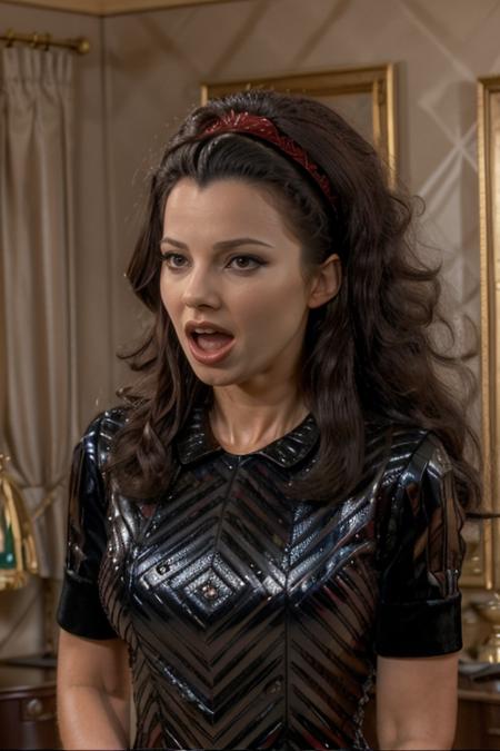 masterpiece, best quality, cinematic, volumetric lighting, very detailed, high resolution, sharp, sharp image, 4k, 8k, 35 mm,
<lora:FranFine_The Nanny_FranDrescher_smf_lora_v1-000006:0.9>, 1girl, f4a2n4n3y-smf, solo, black hair, open mouth, realistic, long hair, afro hair style, hairband, dress