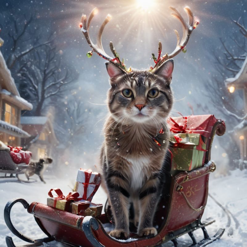 A cat sitting in a Christmas sleigh with presents.
