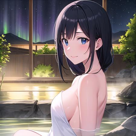 best quality, (masterpiece:1.2), highly detailed, onsen, night, aurora borealis,
1girl, solo, <lora:chara_GATEJietai_KurokawaMari_v1:0.7>, kurokawa mari, 
sitting, slight smile, partially submerged, looking at viewer, medioum breasts,
blue eyes, black hair, long hair, naked towel