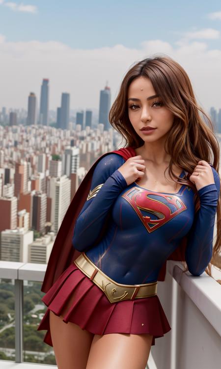 sabsato2023, 1 girl, uhd, 8k, best quality, masterpiece, skin pores, detailed skin, Supergirl, above city, Sao Paulo, red skirt,