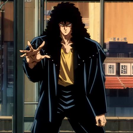 Asura,1man,black hair,curly hair,yellow eyes, long hair, big hair, black coat,yellow shirt,black pants, tank_top, long legs,