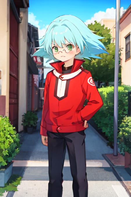 1boy, child, marufujisho, blue hair, short hair, bangs, green eyes, circular glasses, red jacket, pants, frown, standing, city <lora:marufuji_sho:1>