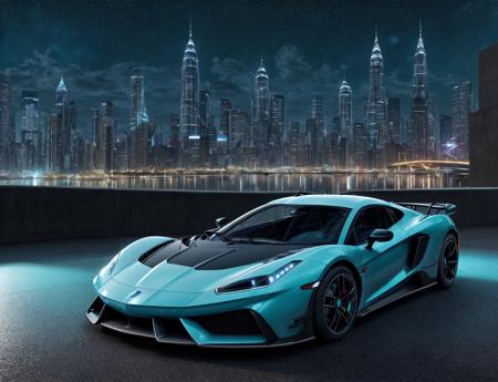 supercar, photo realistic, photorealism, detailed background, reflection, night, vehicle focus, ground vehicle, motor vehicle, starry sky, night sky, outside, sky scraper, city background, city lights, scenery, teal, neon blue under carriage lights, solo,