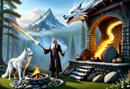 ultra realistic image with high resolution and stable focus correct and accurate anatomy, correct and accurate objects, perfect detail, ultra realism, photo realism, an image depicting a magician, a dtsrec with a long beard and white long hair leaning on his magic wand standing next to a hearth in which a magical fire burns in front of his stone house merges with the forest landscape, next to him there is 1 huge dragon staring into the fire, at the feet of the magician lies a meekly huge white wolf. ultra detail