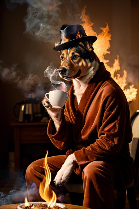 photo RAW,((anthropomorphic dog:1.5) holding a coffee cup, sitting, in a robe, eating breakfast and holding a coffee cup, hat, particles, volumetric lighting, room burn down, ground and chair on fire, lots of gadgets and equipment on fire, smoke, (flames all around:1.2)), masterpiece, award winning photography, natural light, perfect composition, high detail, hyper realistic