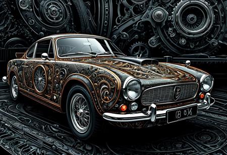 Finely detailed vector illustration, classic sports car, steampunk, ultra realistic quality, interwoven pattern, black background, hyperdetailed, intricately detailed,  monochromatic colors,fantastical,intricate detail,splash screen,complementary colors, fantasy concept art, 8k resolution, masterpiece, digital artwork