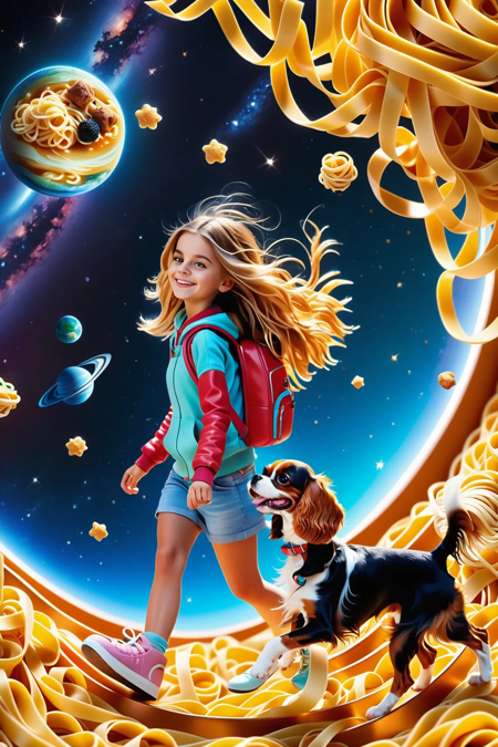 Hyper-detailed photo realistic image of a ((young teenage girl walking the dog)),(pretty girl smiling) walking with (Cavalier King Charles Spaniel dog), (in a small planet in deep space:1.4). (Pasta art), (((everything) is pasta and noodles)), (isometric 3d art of little planet), photorealistic 8k, dynamic contrast, diffused light.