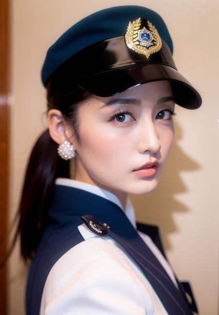 best quality, ultra high res, (photorealistic:1.4), crose up, 1 girl, (japanese police uniform:1.4), dark hair, intricate earrings