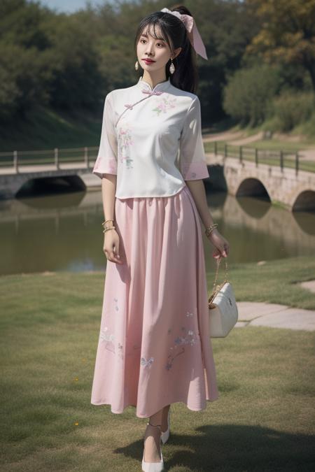 ltra-detailed,highly detailed,best quality,masterpiece,illustration,realistic,
mgftangzhuang, 1girl, solo, 
chinese clothes,shirt,hair ribbon,short sleeves, see-through sleeves,  long skirt, see-through, high heels, bracelet,
pink shirt, print clothes,
hair ornament,  jewelry,  earrings, 
sitting, full body, arms at sides,tying hair, looking at viewer, 
photo background, outdoors,riverbank,river, flower, grass, day,  depth of field, wind,
long hair, ponytail, bangs,
 <lora:mgftangzhuang_v1_03:0.7>