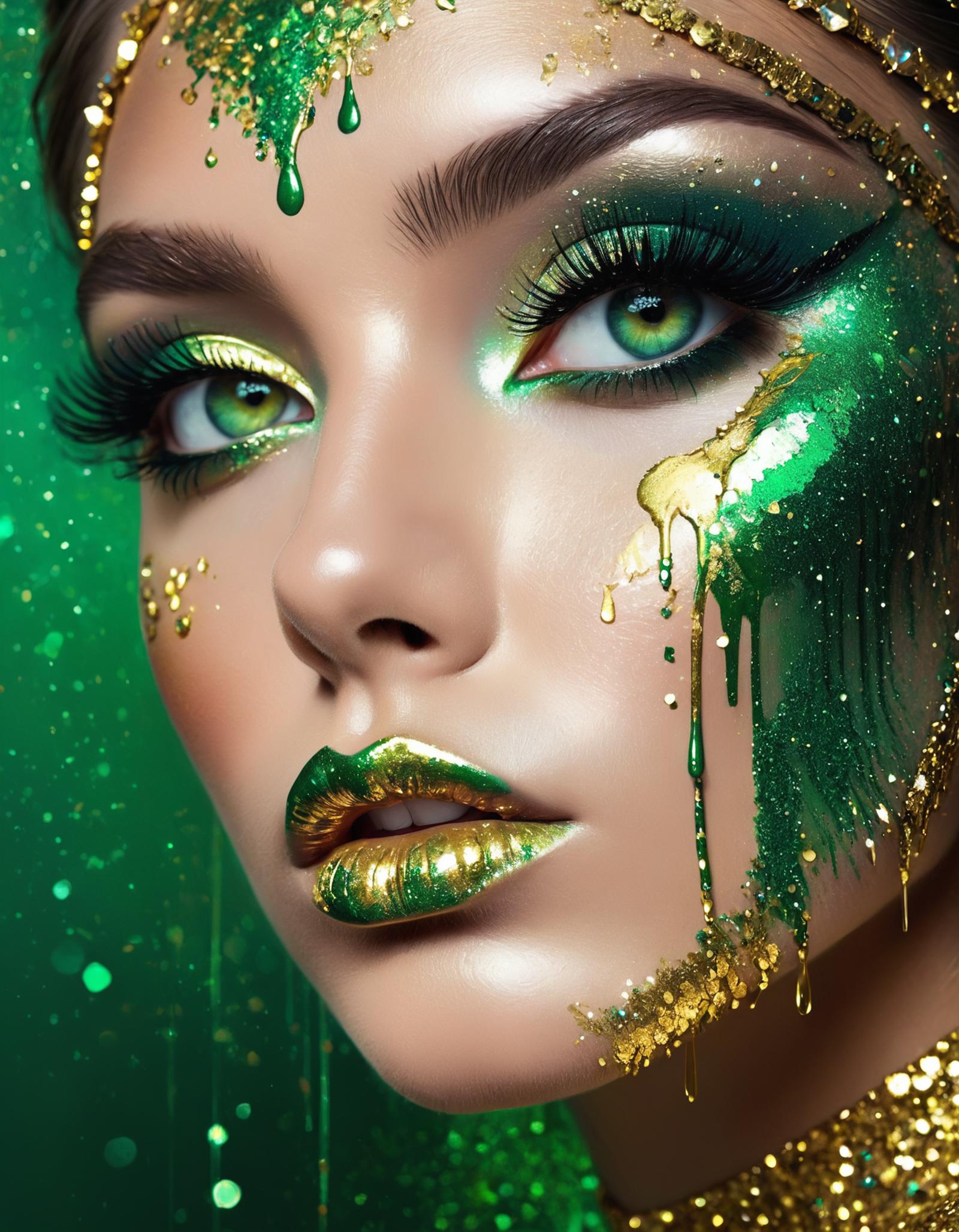 A woman with green makeup and gold glitter on her face.