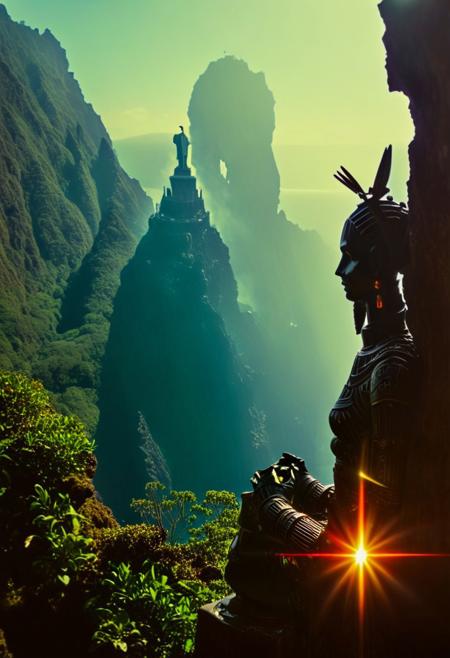 A hyper-realistic image of Ponta do Garajau, Madeira, Portugal. The scene features the rocky coastline with clear waters, showcasing the natural beauty of the Garajau Natural Reserve. In the background, the imposing statue of Cristo Rei stands at the top of a coastal ravine, facing the Atlantic Ocean. The image captures a sunny day with a slight haze, emphasizing the biodiversity and serenity of the area. Ultra-high detail, 8K resolution, and a cinematic perspective. Sunlight casts a warm glow on the rocks and the statue, highlighting the textures and colors of the natural environment
BREAK ()Hyoer Realistic:2.0)Polaroid picture an image of Ultra-realistic New York City under Wakandan rule: ((The towering skyscrapers now adorned with intricate African patterns and gleaming vibranium accents)). The streets are bustling with people in traditional Wakandan attire, while advanced technology seamlessly integrates into everyday life. The Statue of Liberty stands proudly, its torch replaced by a glowing heart-shaped herb symbol. ((In the distance, sleek Wakandan aircraft patrol the skies as citizens from both worlds coexist in harmony.))