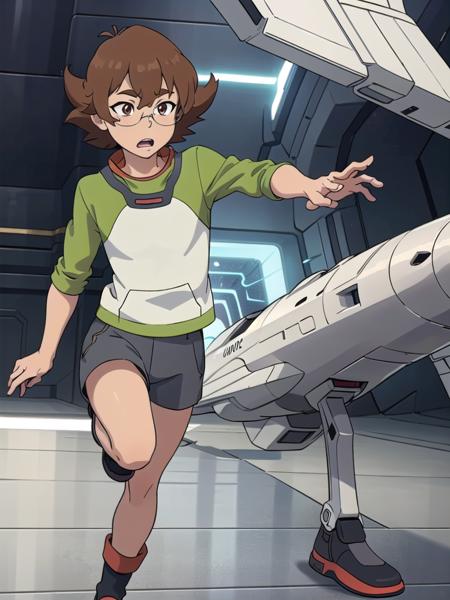 , (1girl), masterpiece, 8k HDR, hires, high resolution, best quality, beautiful eyes, perfect lighting, (sharp focus), (solo),   <lora:Pidge:0.8> pidge , Brown hair, short hair, glasses, shorts, running though spaceship hall