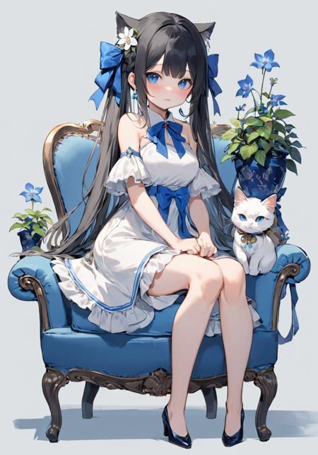 1girl, cat girl, cat ears, anal tail, sitting, chair, side ponytail, one side up, dress, white dress, flower, black hair, blue footwear, solo, grey background, blue eyes, bangs, closed mouth, bell, shoes, blush, hair rings, short sleeves, jewelry, standing, long hair, very long hair, bag, full body, blue nails, looking at viewer, earrings, hand up, ribbon, white flower, jingle bell, nail polish, red ribbon, simple background, collarbone, blue flower, bracelet, plant, wide sleeves, shoulder bag, neck ribbon, potted plant, fingernails, twin braids, tassel, lantern, bare legs, collared dress, white background, neck bell, no socks, collar, hair ornament, vase, high heels, blue ribbon, hair ribbon, sitting, chair