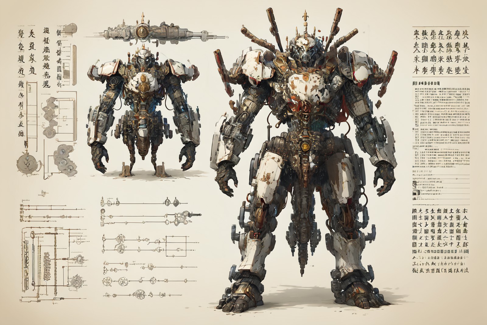 best quality, master piece, 1 mecha ,  strong, red chinese armor,   engineering mapï¼ text, swordï¼gun, weapon, <lora:QM...