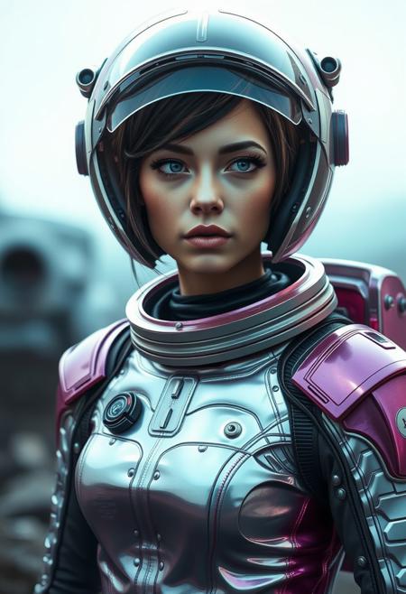 realistic photography of a space girl in alien world, short hair, spacesuit helmet, ana de armas, sci-fi, cyberpunk, shiny spacesuit, space ranger, space warrior, alien color, hyper detailed, cinematic,