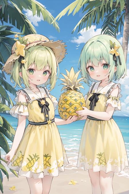 absurdres, highres
BREAK
group girls wearing yellow dress (holding:1.2) big (pineapple:1.3), pale-green hair, pineapple hat, (happy, smile:1.2), tropical,looking at viewer, front view