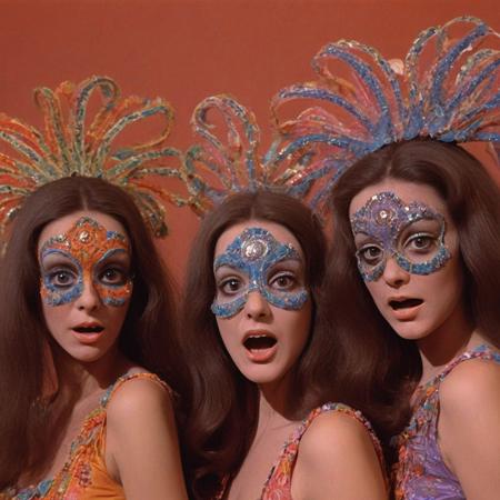 a surreal and movie still close-up-shot, a 1970s Sao Paulo Brazil Theater of the Absurd movement, three gorgeous long hair brunette dancers distorted and exaggerated features, wearing stretched exaggerated mouths made of plastic polymer masks, their bodies painted with whimsical colorful patterns, in a bizarre and hallucinogenic theatre set, with vibrant and contrasting colors, dynamic composition, dramatic surreal theatrical lighting, Leica M3, 50mm lens